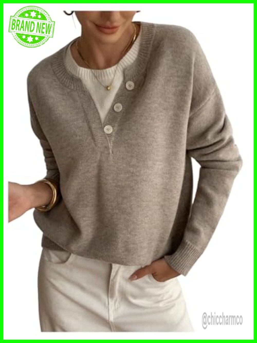 Pullover Henley Sweater Long Sleeve Oversized Business Casual Top